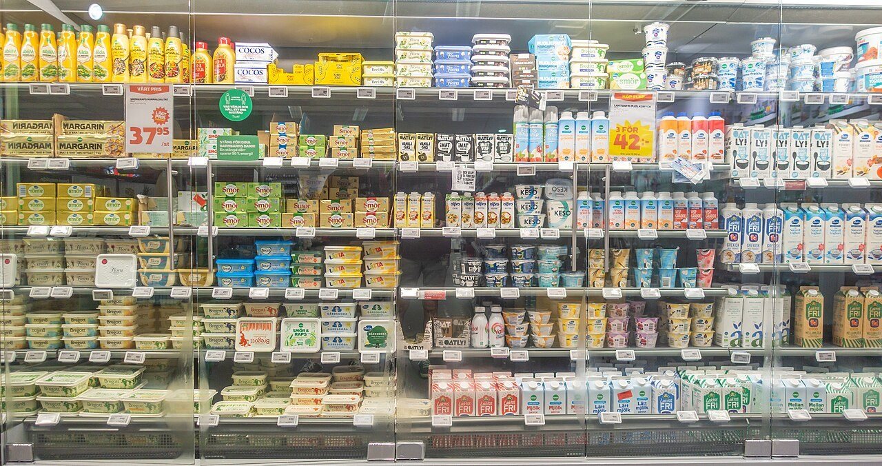 Dairy products in a grocery store in Stockholm.