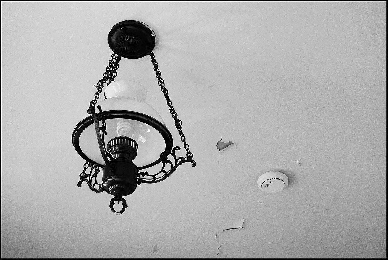 "Progress. New Orleans". 23 October 2009 Photo of ceiling in old house with peeling paint. Lamp fixture hanging down looks to be a 19th century oil la